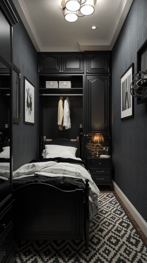 Ultra-compact, dark-themed Cozy Small Bedroom For Men with black textured walls and comprehensive, built-in black cabinetry and closet storage surrounding a single bed.