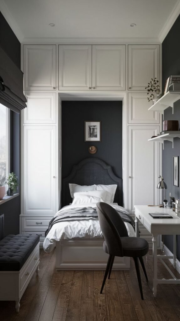 Efficient Cozy Small Bedroom For Men design featuring floor-to-ceiling white cabinetry framing a bed niche painted a dark accent color, with an adjacent white desk and a window bench.