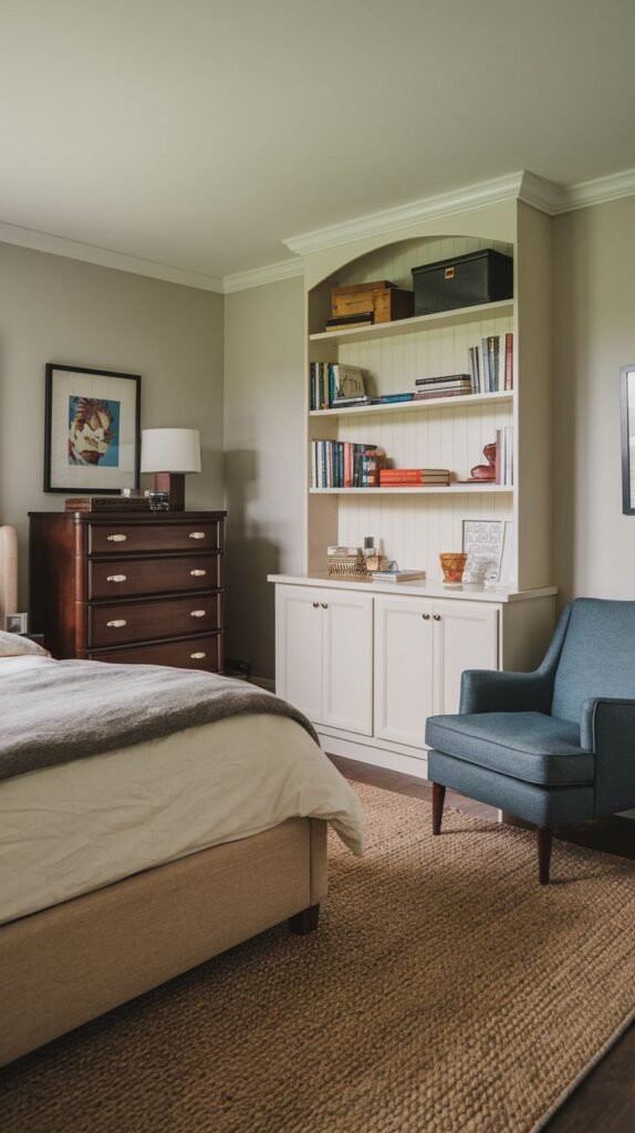 Soft neutral Cozy Small Bedroom For Men featuring a white arched built-in hutch/bookcase with lower cabinets, a contrasting dark wood chest of drawers, and a blue accent chair.