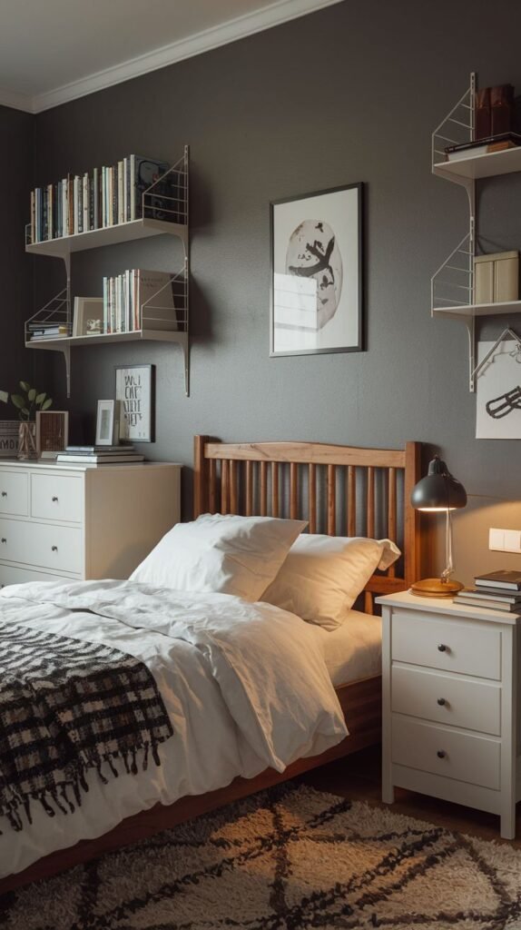 Symmetrical Cozy Small Bedroom For Men with dark gray walls, a wood slatted headboard, matching white nightstands, and white modular shelving units.
