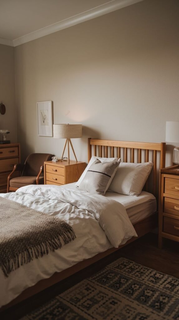 Minimalist Cozy Small Bedroom For Men with light natural wood bed frame, matching nightstands, a woven throw, and a wooden tripod lamp.