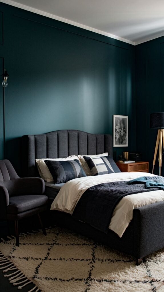 Luxurious Cozy Small Bedroom For Men featuring deep teal walls, a dark upholstered bed with channel tufting, and a gray accent armchair on a large patterned shag rug.