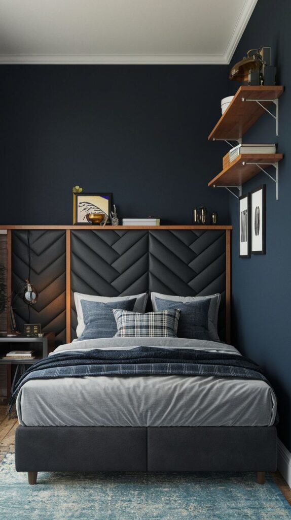 Sophisticated Cozy Small Bedroom For Men with deep navy walls, a striking black herringbone-patterned upholstered headboard, and two wooden floating shelves.