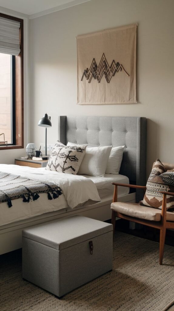 Tranquil Cozy Small Bedroom For Men using light neutrals, a gray upholstered bed, a woven mountain wall tapestry, and a gray upholstered storage chest at the foot of the bed.