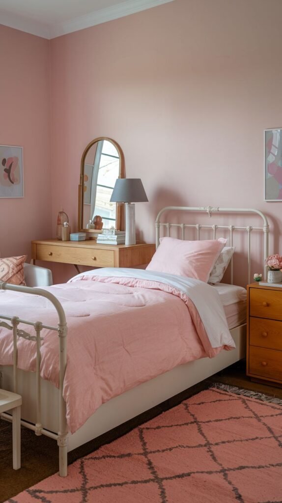 This image captures a Cozy Small Bedroom for Women decorated in soft pink, featuring a vintage white metal bed, a wooden desk with an arched vanity mirror, and a plush pink area rug.