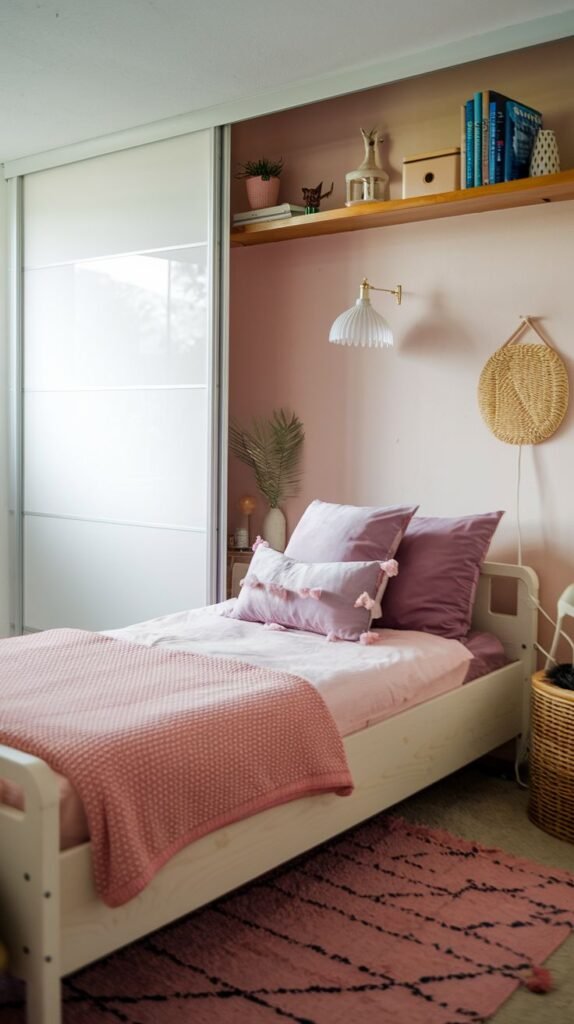 Minimalist chic in a Cozy Small Bedroom for Women featuring space-saving white sliding closet doors, a wooden floating shelf, and layered pink and lavender textured pillows.