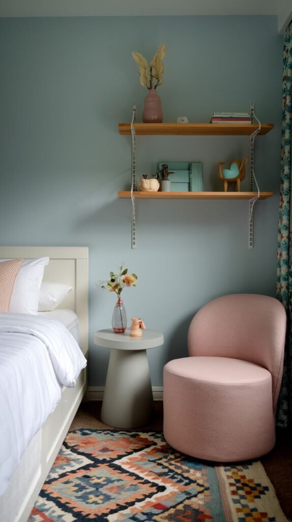 Modern design for a Cozy Small Bedroom for Women with muted blue walls, industrial-style wall shelving, a compact gray nightstand, and a statement pink curved upholstered armchair.