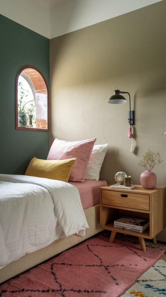 An intimate and charming Cozy Small Bedroom for Women using two-tone walls (deep green and taupe), a wooden nightstand, a bold pink patterned rug, and a unique arched window niche.