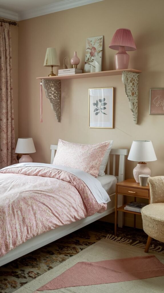 Romantic design for a Cozy Small Bedroom for Women featuring ornately detailed pink shelf brackets, pink floral bedding, and layered lighting from multiple pink-shaded table lamps.