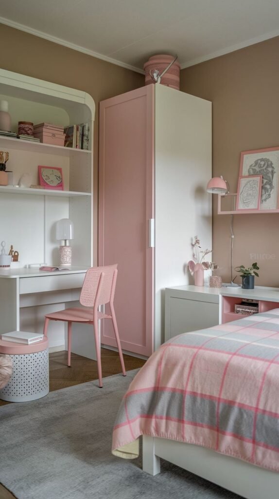 Highly efficient and organized Cozy Small Bedroom for Women setup with a large white and pink vertical storage unit combining shelves, a desk, and a wardrobe, accented by a pink plaid blanket.