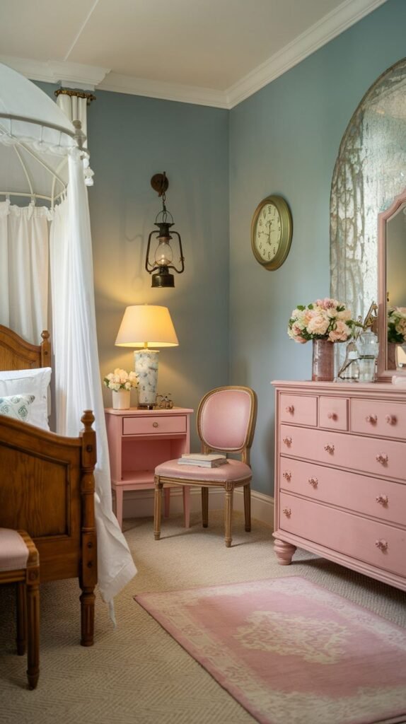 Shabby chic and romantic Cozy Small Bedroom for Women featuring teal walls, a dark wood bed with a sheer canopy drape, a light pink painted dresser, and an antique lantern wall light.