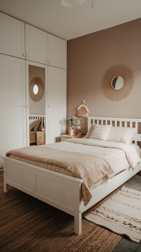 Bohemian neutrals characterize this Cozy Small Bedroom for Women, optimized with floor-to-ceiling white mirrored wardrobe storage and decorated with a round sunburst rattan wall mirror.