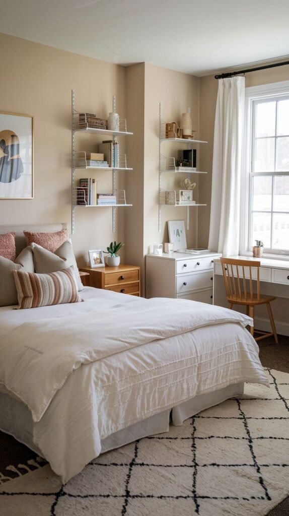 Scandinavian-inspired functionality for a Cozy Small Bedroom for Women featuring warm beige walls, modular wire shelving units for visually light storage, and a neat white desk area.