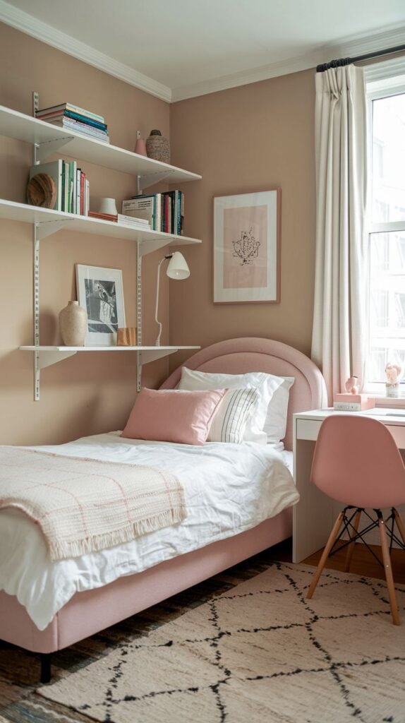 This organized Cozy Small Bedroom for Women features a soft pink curved upholstered bed, streamlined white shelving above the bed, and a compact white desk paired with a pink task chair.