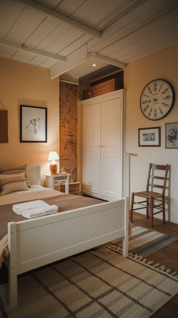 A rustic and traditional Cozy Small Bedroom for Women space with warm beige walls, a white bed and wardrobe, and architectural charm from exposed ceiling beams and a large Roman numeral wall clock.