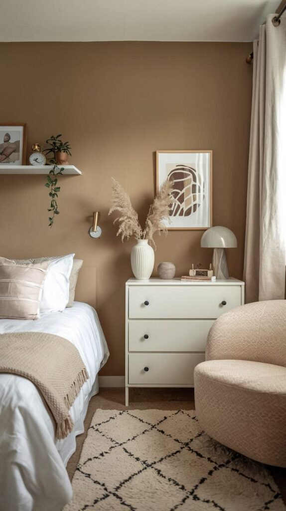 Monochromatic earthy design for a sophisticated Cozy Small Bedroom for Women, featuring deep brown walls, natural bedding, a white three-drawer chest, and a blush pink curved armchair.
