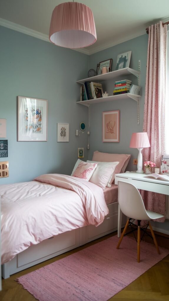 Pastel efficiency in this Cozy Small Bedroom for Women design, featuring pale blue walls, a bed with storage drawers, white adjustable shelves, and a prominent pink pleated drum pendant light.