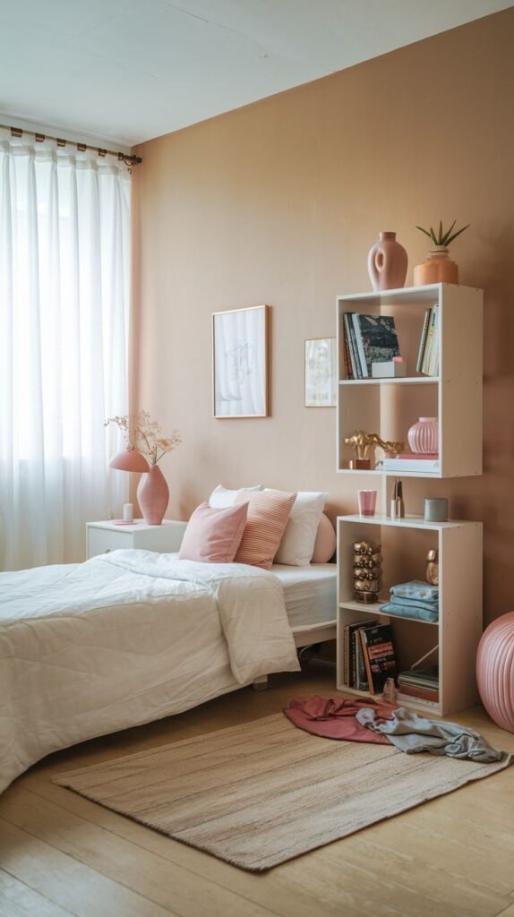 Warm terracotta tones define this bright Cozy Small Bedroom for Women, utilizing asymmetrical white modular cube shelving and a pink-toned lamp as unique storage and decor elements.