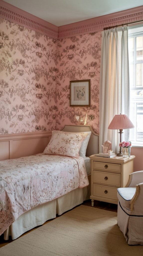 A romantic and traditional Cozy Small Bedroom for Women decorated with pink floral toile wallpaper, cream nightstand storage, and a soft pink pleated lamp shade.
