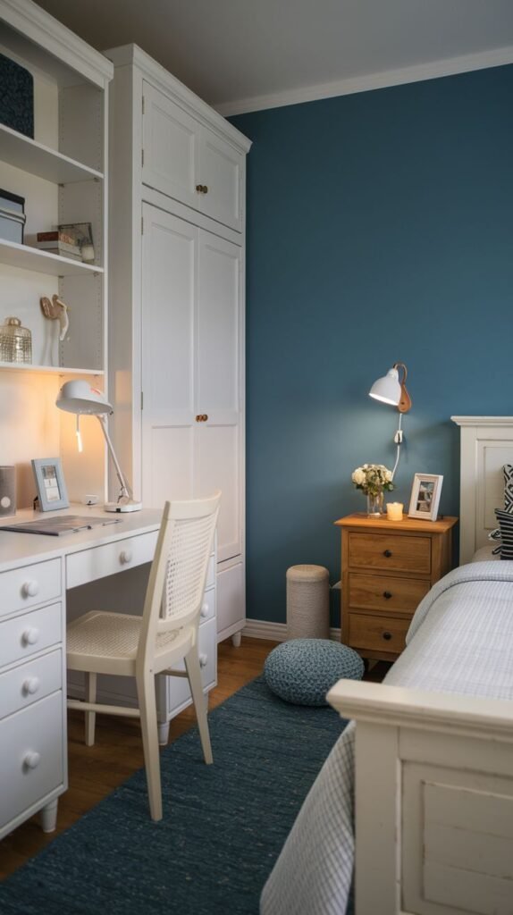 Structured and efficient design for a Cozy Small Bedroom for Women featuring a deep teal blue accent wall, floor-to-ceiling white integrated storage and desk unit, and a cozy wood nightstand.