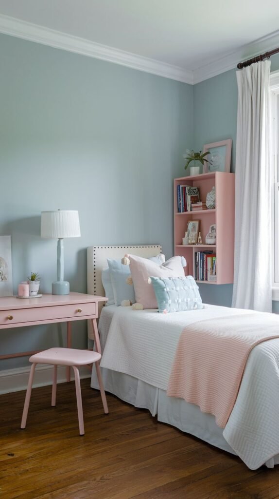 Light and airy pastel colors create this organized Cozy Small Bedroom for Women, incorporating a pink desk and stool, a light pink vertical bookcase, and an upholstered bed with accent pillows.