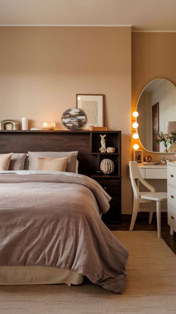 Sophisticated design for a Cozy Small Bedroom for Women focusing on function, with a dark wood headboard that includes integrated storage shelves, and a white vanity area with an illuminated oval mirror.