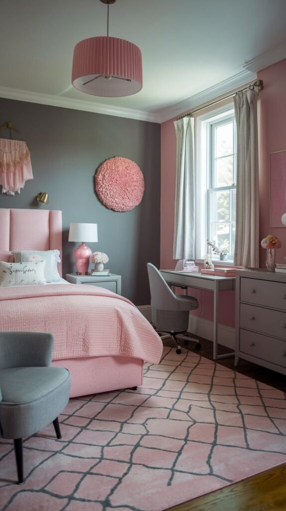 Modern glamour in this Cozy Small Bedroom for Women featuring bold gray and pink color blocking, a luxurious pink channel-tufted headboard, and gray furniture including a compact desk.