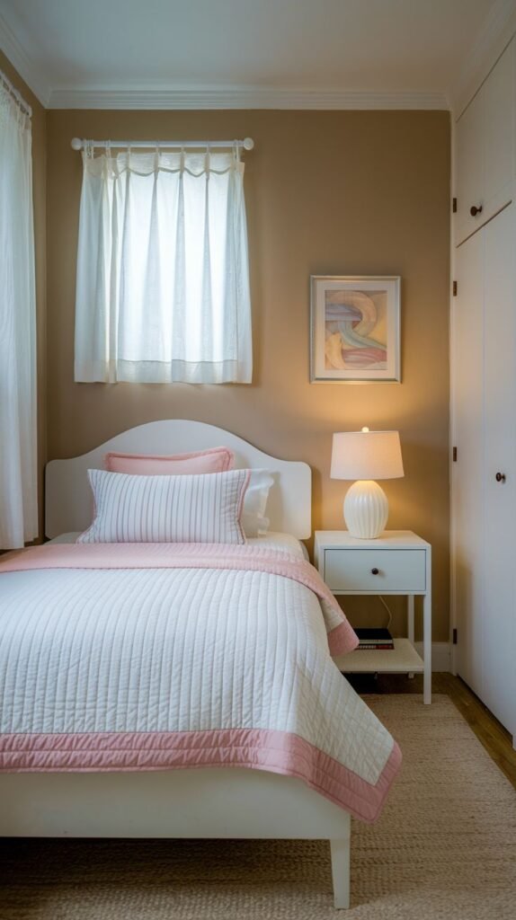 Minimalist and highly organized Cozy Small Bedroom for Women, defined by seamless floor-to-ceiling white built-in wardrobes and a simple white bed dressed in quilted white and pink bedding.