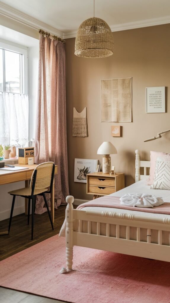 Bohemian textural mix creates a naturally beautiful Cozy Small Bedroom for Women, featuring a large woven rattan pendant light, a cane-backed chair at a wood desk, and soft pink curtains.