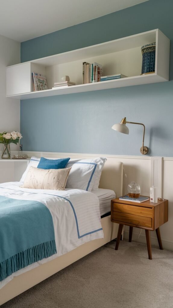 Serene design for a Cozy Small Bedroom for Women featuring a dusty blue accent wall, white wainscoting, a long white floating shelf for overhead storage, and a mid-century wooden nightstand.