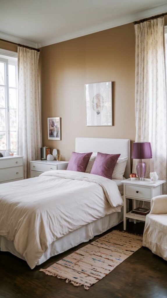 Classic symmetrical layout for a Cozy Small Bedroom for Women utilizing warm tan walls, white furniture (dresser, nightstand), and vibrant purple accent pillows and a matching glass table lamp.