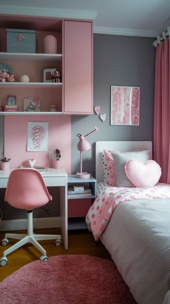 A customized and colorful Cozy Small Bedroom for Women featuring gray and pink walls, a built-in pink and white desk system, and a fluffy pink round rug.