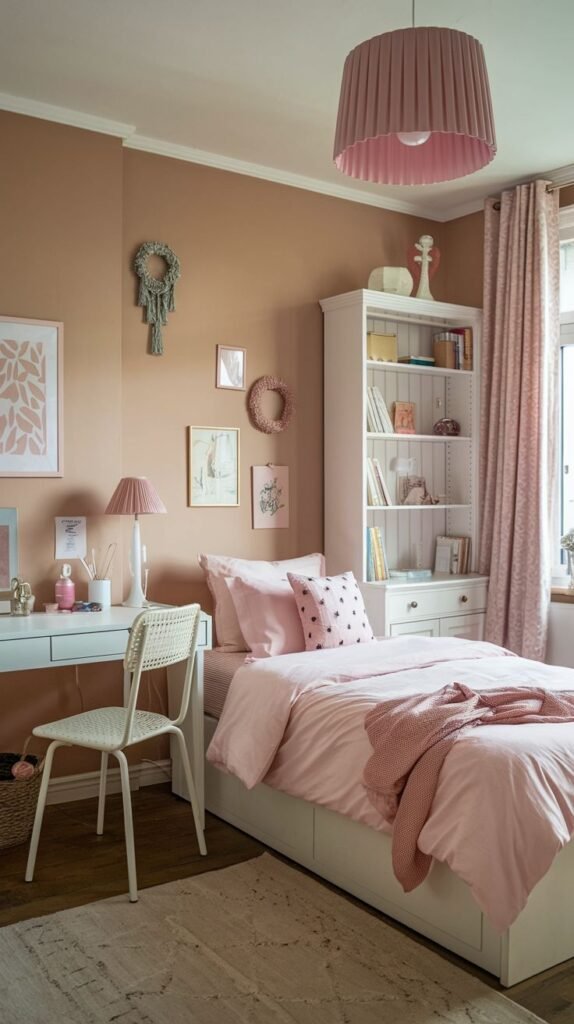Feminine and practical design for a Cozy Small Bedroom for Women with a storage bed base, a multipurpose white bookcase, a white desk, and a statement pink pleated hanging light fixture.