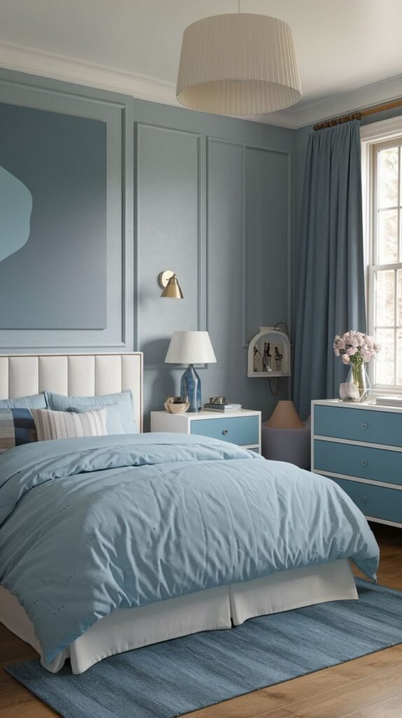 Elegant monochromatic dusty blue design for a Cozy Small Bedroom for Women, featuring architectural wall paneling, a cushioned white headboard, and white furniture with blue drawer fronts.