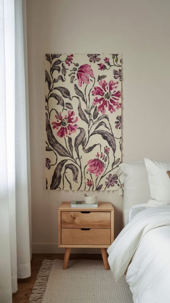 A minimalist yet dramatic Cozy Small Bedroom for Women design, using a large pink and purple floral tapestry hung above the wooden nightstand as a focal point and headboard alternative.