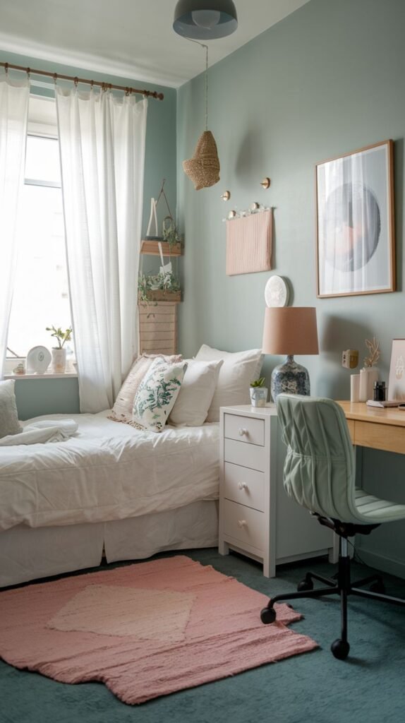 Tranquil and efficient Cozy Small Bedroom for Women featuring sage green walls, a daybed, a white chest of drawers utilized as a nightstand/desk base, and a hanging wooden shelf for plants.