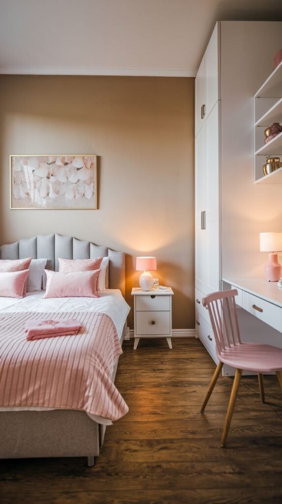 Structured storage and soft textures create this inviting Cozy Small Bedroom for Women, showcasing a gray upholstered bed, floor-to-ceiling white cabinetry/desk unit, and pink layered bedding.
