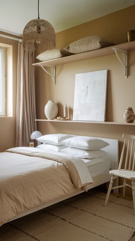 Boho minimalist aesthetic for a Cozy Small Bedroom for Women defined by two layered floating shelves above the bed, a large woven rattan pendant light, and neutral bedding.