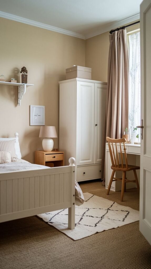 Traditional cottage style defines this functional Cozy Small Bedroom for Women, featuring a narrow white wardrobe providing compact vertical storage, a slatted white bed, and a simple wooden desk area.