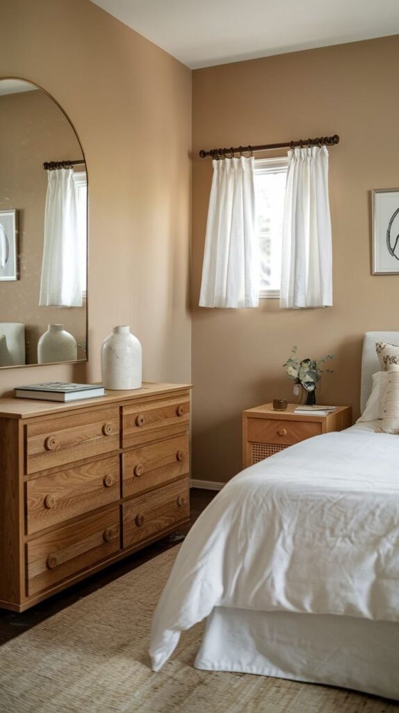 An earthy neutral palette defines this Cozy Small Bedroom for Women, showcasing a light natural wood dresser paired with a tall arched mirror, white bedding, and a textured woven rug.