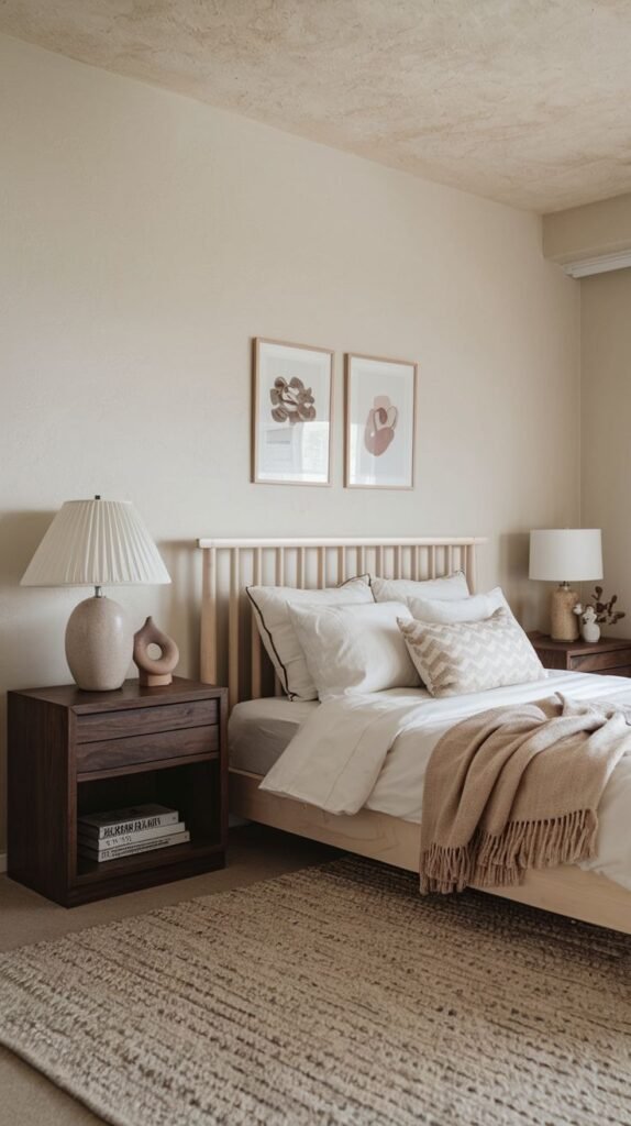 Serene Scandinavian style for a Cozy Small Bedroom for Women, balancing a light wood spindle bed frame and neutral bedding with two dark wood nightstands with pleated table lamps.