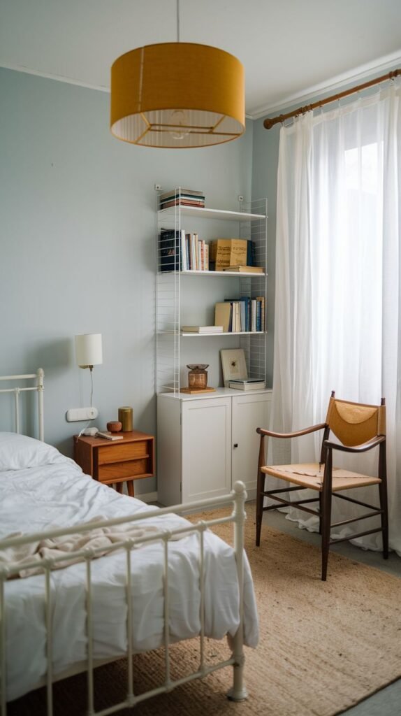 Eclectic design for a Cozy Small Bedroom for Women combining a white metal bed and modular shelving with a striking mustard yellow drum pendant light and a mid-century wooden armchair.