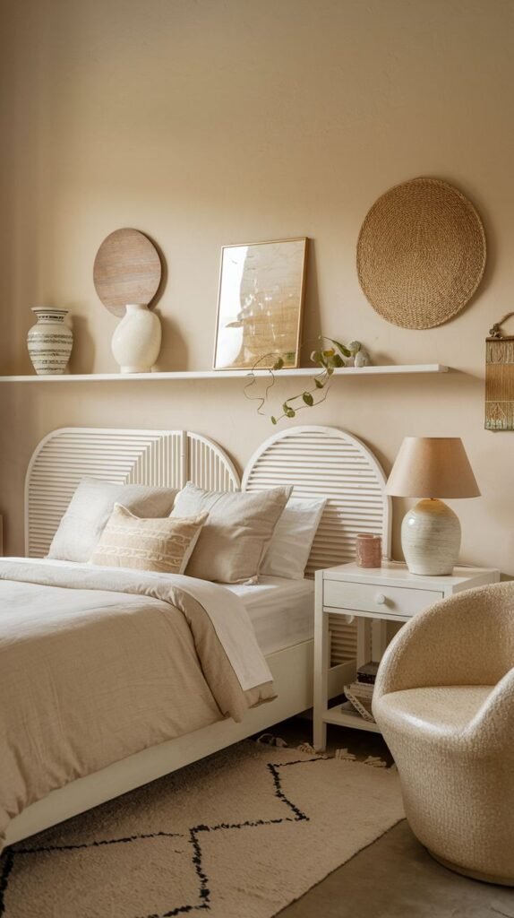 Warm desert neutral aesthetic in this Cozy Small Bedroom for Women, highlighted by white arched slatted headboards, a floating shelf, and a curved, textured armchair.