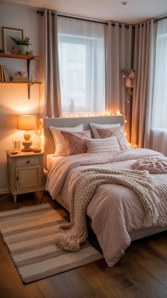Ultimate Hygge vibe for a Cozy Small Bedroom for Women achieved with layered pink bedding, a chunky knit throw, delicate fairy lights draped over the headboard, and a rustic nightstand.