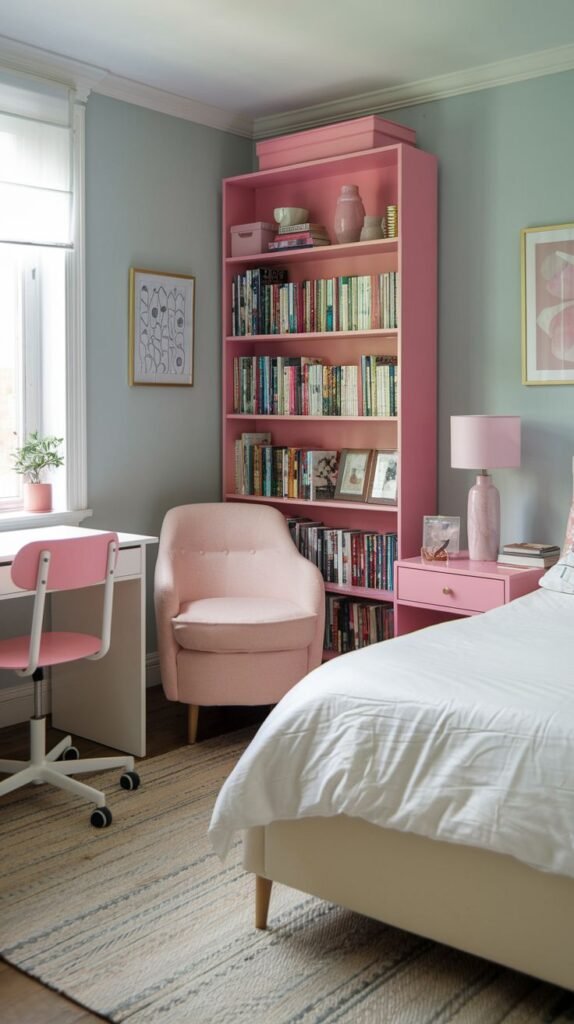 A functional and colorful Cozy Small Bedroom for Women using a bright pink statement bookcase as a visual divider, a matching pink armchair, and a streamlined desk/nightstand area.