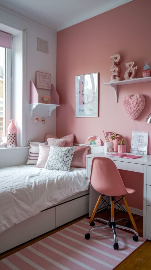 Blushing monochromatic retreat perfect for a Cozy Small Bedroom for Women, featuring a pink accent wall, a storage daybed, a pink striped rug, and a clean white desk with a pink chair.