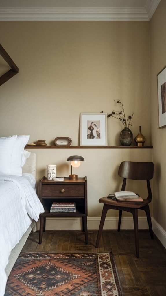 Sophisticated mid-century palette for a Cozy Small Bedroom for Women, showcasing warm beige walls, a dark wood nightstand, a streamlined floating shelf, and a dark wood chair.
