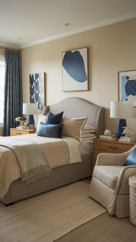 Coastal elegance defines this Cozy Small Bedroom for Women, featuring a neutral upholstered bed with nailhead trim, contrasting navy blue lamps and pillows, and patterned blue curtains.