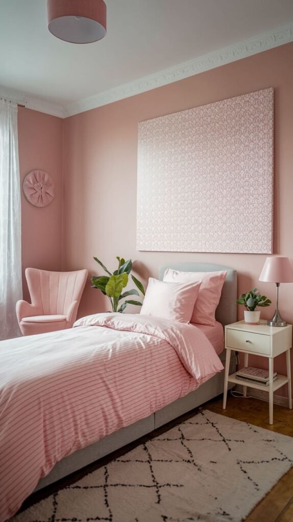 A serene and modern Cozy Small Bedroom for Women with soft pink walls, a gray bed, and an oversized square patterned pink and white artwork serving as a striking focal point.