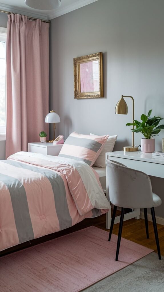 Balanced gray and pink color scheme creates an organized Cozy Small Bedroom for Women, featuring gray walls, pink and gray striped bedding, a dedicated white desk area, and soft pink curtains.